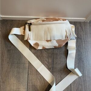 Fringed Cream and Brown Cow Print Belt Bag